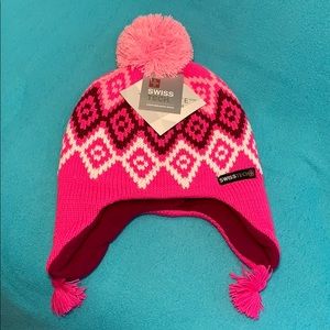 NWT H /& M Pink Stripe fleece lined PINK Stripe POMPOM HAT 6-12 mo OR 1-2 yrs